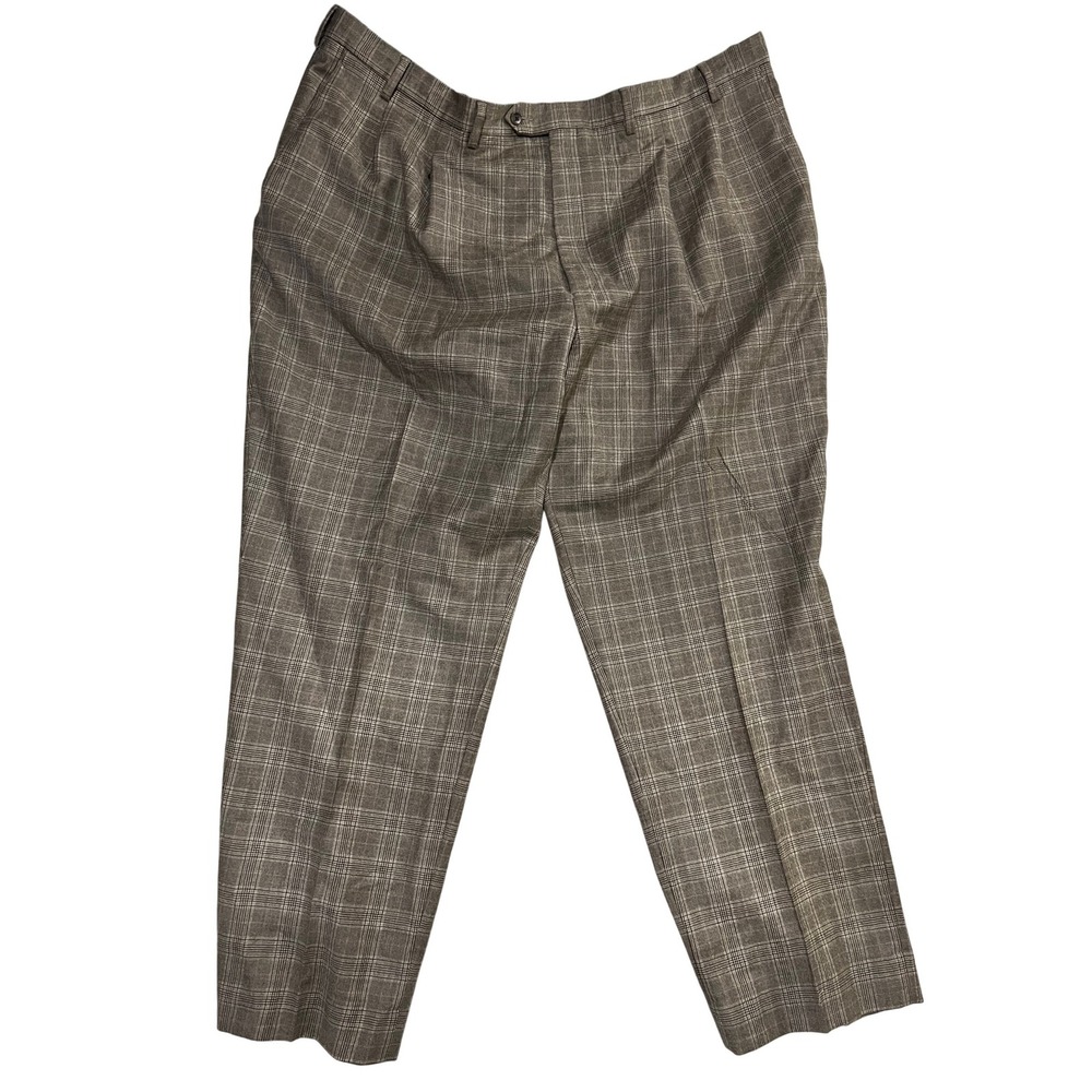 Paul Fredrick Mens Brown Glen Plaid 100% Wool‎ Pleated Dress Pants Size 52